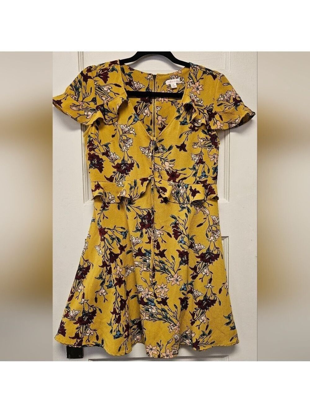 Mustard Yellow Floral Ruffle Sleeve Mini Dress Boho A-Line Medium